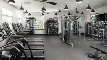 Fitness center with cardio equipment, fixed weight machines, free weights and stretching mats